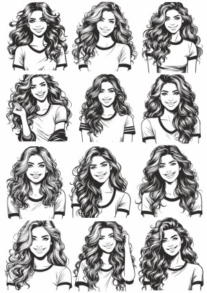 Set of Black and White Vector Portraits of Smiling Women with Curly Hair Free Vector