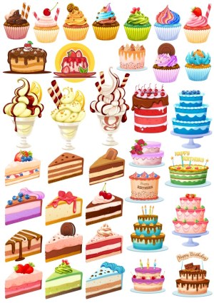 Assorted Birthday Cakes, Cupcakes, and Dessert Vector Illustrations Free Vector