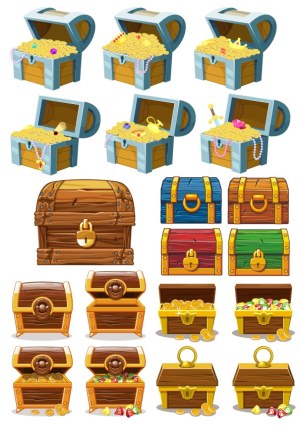 Set of Colorful Treasure Chests with Coins and Jewels Vector Free Vector