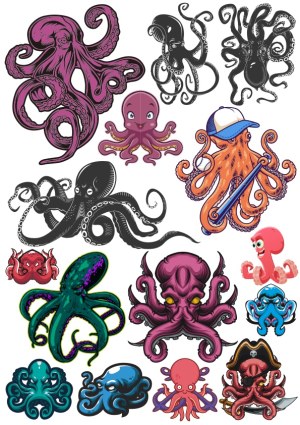 Collection of Colorful and Stylized Octopus Vector Illustrations Free Vector