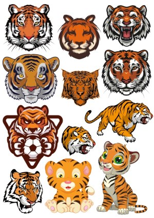 Collection of Tiger Vector Illustrations with Various Styles and Expressions Free Vector