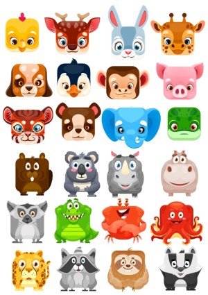 Cute Cartoon Animal Faces Set with Various Species Free Vector