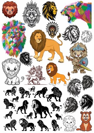 Collection of Lion Illustrations and Silhouettes in Various Artistic Styles Free Vector