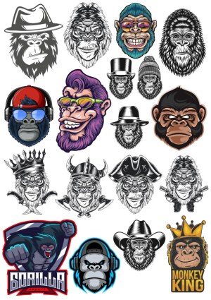 Collection of Gorilla and Monkey Vector Head Illustrations with Accessories Free Vector