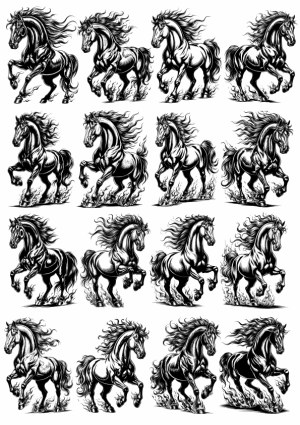 Set of Black and White Vector Horse Illustrations with Flowing Manes Free Vector