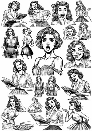 Vintage Style Black and White Pin-Up Women Vector Illustrations Free Vector