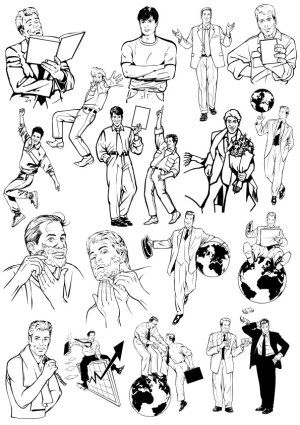 Vintage Black and White Businessman and Casual Male Line Art Illustrations Free Vector