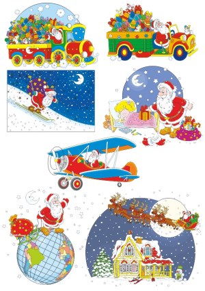 Santa Claus Delivering Christmas Gifts in Various Modes of Transport Free Vector