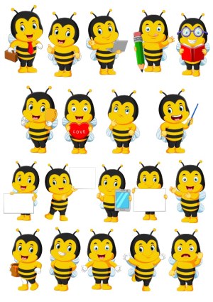 Cute Bee Mascot Characters with Various Poses and Props Free Vector