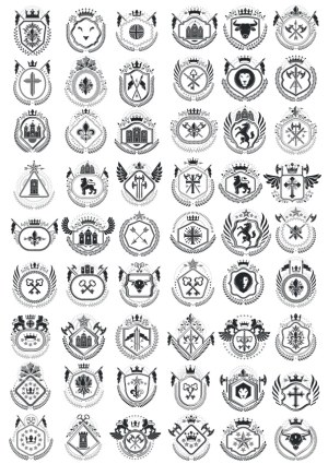 Set of 56 Black and White Heraldic Coat of Arms Vector Designs Free Vector