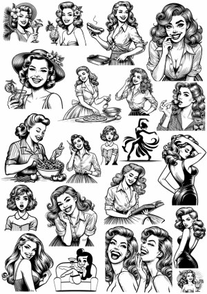 Vintage Pin-Up Woman Line Art Collection Free Vector