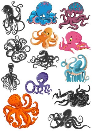 Collection of Colorful and Black Octopus Vector Illustrations Free Vector