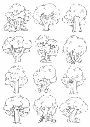 Black and White Cartoon Tree Line Art Set Free Vector