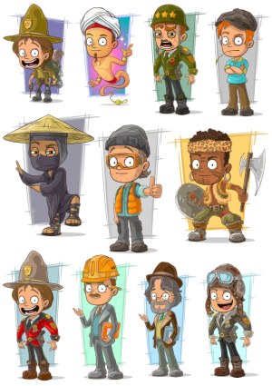 Cartoon Characters in Various Professions and Costumes Free Vector
