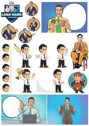 Cartoon Businessman Character Set with Multiple Poses, Emotions, and Speech Bubbles Free Vector