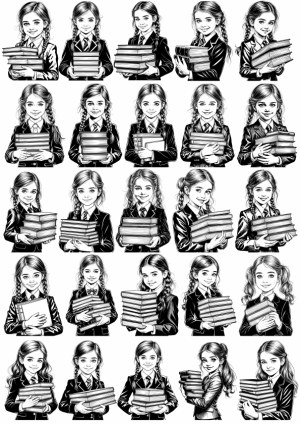 Black and White Vector Illustrations of Schoolgirls Holding Books Free Vector