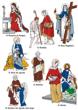 Illustrations of Christian Saints with Symbols and Scenes Free Vector