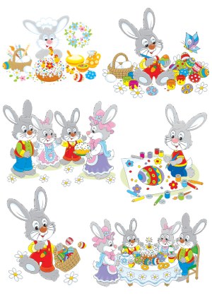 Easter Bunny Family Decorating and Celebrating with Eggs and Cake Free Vector