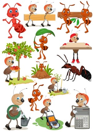 Collection of Cartoon Ant Characters in Various Activities Free Vector