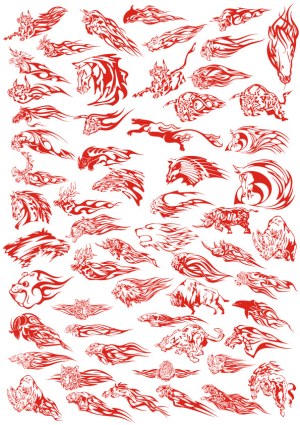 Red Tribal Flame Animal and Bird Silhouettes Collection Free Vector