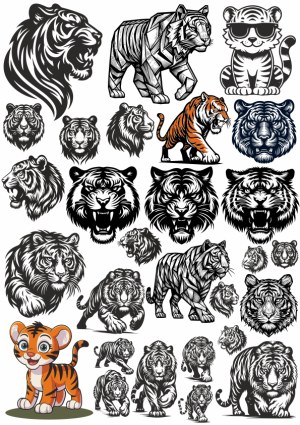 Collection of Tiger Vector Illustrations and Cartoon Characters Free Vector