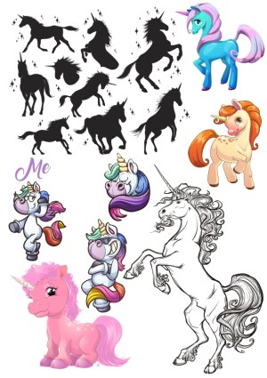 Collection of Colorful and Silhouette Unicorn Vector Illustrations Free Vector
