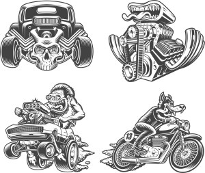 Vintage Hot Rod and Monster Motorcycle Vector Illustrations Free Vector