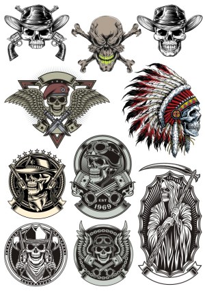 Collection of Detailed Skull and Skeleton Emblems with Helmets, Hats, and Symbols Free Vector