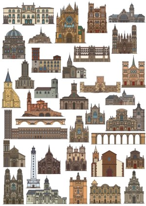 Detailed Vector Illustrations of European Historical Buildings and Churches Free Vector