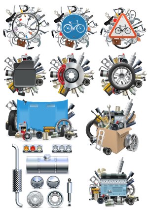 Automotive and Bicycle Parts Collections Vector Set Free Vector