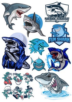 Collection of Cartoon and Aggressive Shark Vector Illustrations Free Vector