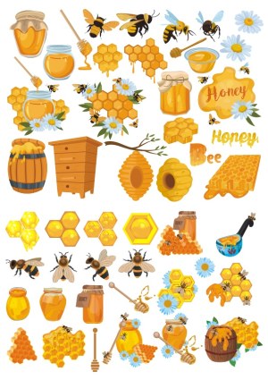 Honey Bees, Honeycombs, and Jars of Honey Vector Set Free Vector