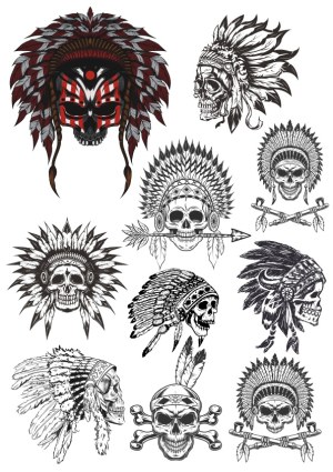 Skull Illustrations with Native American Headdresses and Tribal Elements Free Vector
