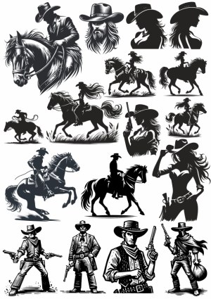 Western Cowboy and Cowgirl Silhouettes and Poses Vector Set Free Vector