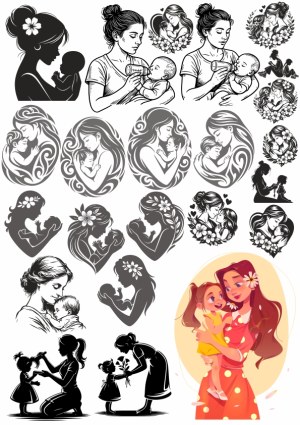 Mother and Child Silhouettes and Illustrations Collection Free Vector