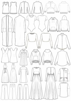 Technical Flat Sketches of Various Women's Clothing Styles Free Vector