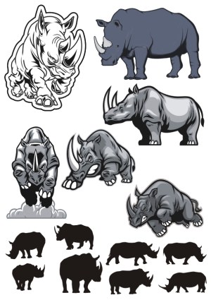 Set of Stylized and Silhouette Rhinoceros Vector Illustrations Free Vector