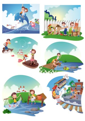 Children Playing and Exploring Various Outdoor Scenes Vector Set Free Vector