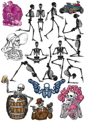 Collection of Skeleton Illustrations with Various Poses and Themes Free Vector