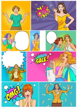 Pop Art Women Shopping and Expressive Comic Scenes Free Vector