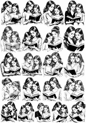 Black and White Illustrations of Mother and Daughter Reading Books Together Free Vector