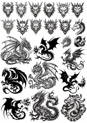 Black and White Dragon Head and Full Body Vector Illustrations Free Vector