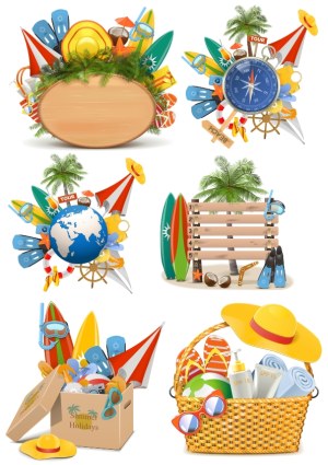 Summer Beach Holiday Vector Collection with Travel Elements and Accessories Free Vector