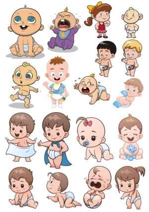 Cute Cartoon Baby and Toddler Characters in Various Poses Free Vector