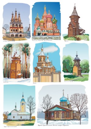 Illustrations of Russian Orthodox Churches and Wooden Chapels Free Vector