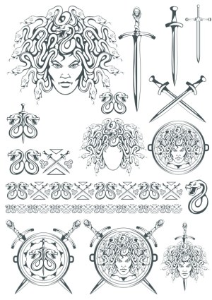 Medusa Head and Mythical Sword Vector Collection Free Vector