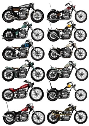 Collection of 12 Classic Vintage Motorcycles Side View Vector Illustrations Free Vector