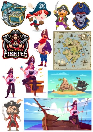 Collection of Pirate Characters, Icons, and Treasure Map Vector Illustrations Free Vector