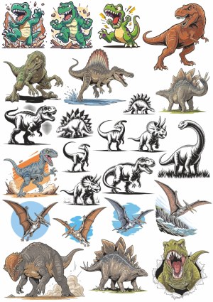 Variety of Colorful and Black-and-White Dinosaur Illustrations Free Vector