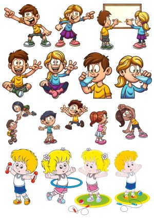 Cartoon Kids Engaged in Various Activities and Exercise Poses Free Vector